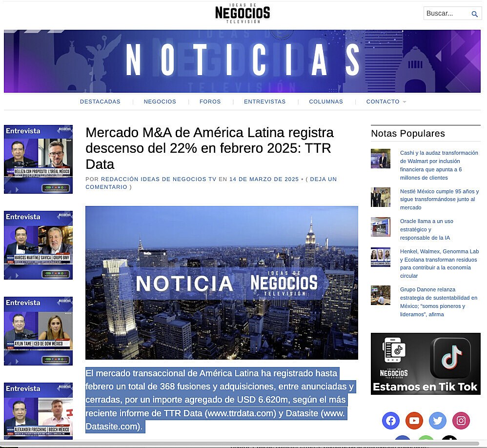 Mercado M&A de Amrica Latina registra descenso del 22% en febrero 2025: TTR Data